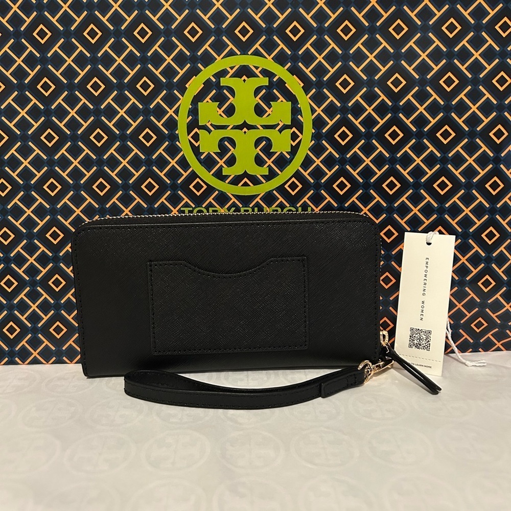 Tory Burch Emerson Wristlet Zip Continental Wallet Black Gold - Picture 2 of 10